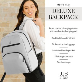 JuJuBe New Deluxe Diaper Bag Backpack with Portable Changing Pad, Baby Stroller Straps, Large Travel Backpack for Boy or Girl, For Carrying Baby Bottles, Baby Wipes, Diapers, Pacifiers, Grey