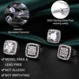 Dochais Cubic Zirconia Stud Earrings for Men Women, 14K Gold Plated Hypoallergenic 925 Sterling Silver Post Earrings Set, Iced Out Round & Square CZ Studs-Silver 2
