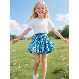 Faldas midi estampadas florales con forro de pantalones cortos integrados para niñas, niños y niños pequeños, Azul, hoja, 10 Años