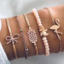 Aneneiceera Simple Flamingo Bracelet Elephant Hand Chain Boho Pink Beads Gold Bow Tie Bracelets Pineapple Hand Chain Set Jewellery Gifts for Women Teenage Girls Set of 5, Metal