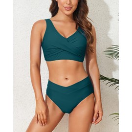 Limeeke Women's High Waisted Bikini Set Twist Front Two Piece Swimsuit Lace Up Tie Back Bathing Suits Blue Green XL
