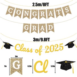 2025 Graduation Banner,Congrats Grad and Class of 2025 Cap Banner Set White Gold Black Glitter Grad Decorations for Senior 2025 Party, Graduation Sign Party Backdrop Supplies