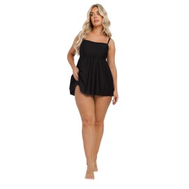 Yours Curve Mesh Panel Tummy Control Costume One Piece Swim Skirt Dress with Adjustable Straps - Women's - Plus Size Curve Black 16