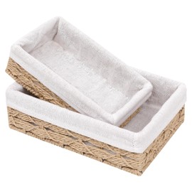 Sopsele Small Storage Baskets for Bathroom，Small Woven Basket With liner，Beige Small Rectangular Wicker Basket for Bedroom, Shelves, Living Room,Bathroom, Kitchen, Set of 2 Beige