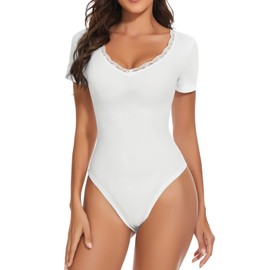 WOWENY Women's Elegant Lace Short Sleeve/Sleeveless Bodysuit Women Tops with V Neck Women's Bodysuit for Women Dance Body String Body Costume Body Lace Body, 1 white