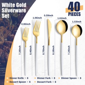 Joincook 40 Piece White Gold Silverware Set,Stainless Steel Flatware Cutlery Set Service for 8 Including Forks Spoons Knives,Utensil Set,Tableware for Home and Restaurant, Dishwasher Safe
