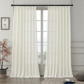 MASWOND Natural Pinch Pleated 96 Inch Curtains 2 Panels for Living Room Semi Sheer Linen Curtains Pinch Pleat Drapes for Traverse Rod Light Filtering Curtains with Hooks for Office Bedroom W50xL96
