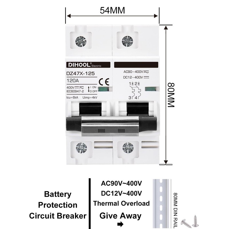 DIHOOL Solar Disconnect Switch, 120 Amp 2 Pole, DIN Rail
