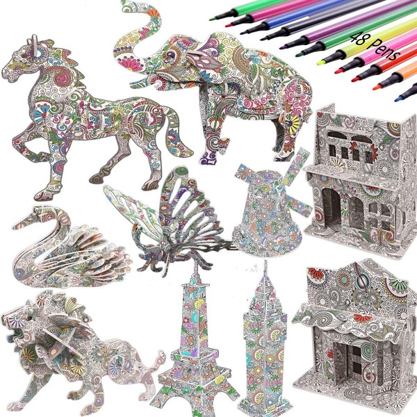 3D Coloring Puzzle Set -DIY Arts and Crafts for Kids -STEM Educational Construction Toys-Perfect Creativity Kit & Travel Activity-Best Toy Gift for Girls and Boys (10Pack)