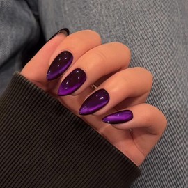 Cat Eye Black Purple Press On Nails Medium Short Almond Shaped - 30Pcs Stiletto Fake Nails Acrylic Press ons Natural Thick Gel Nails Short Glue on Nails Opaque Glitter False Nails for Women No Glue