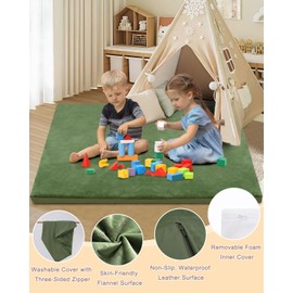 SEPARO Baby Play Mat for Floor,Thick Foam Play Crawling Mat with Removable Washable Cover,Non Slip Soft Velvet Nursery Rug for Toddlers,Infants,Kids Yoga Mat,Tatami Mat,50x50 Inch,Green