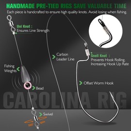 Dovesun 10PCS Ready Tied Carolina Rig Kit for Bass Fishing Free Rig Catfish Rig Fishing Rigs Kit with Bass Hooks Swivel Fluorocarbon Fishing Line Fishing Weights 1/2 OZ