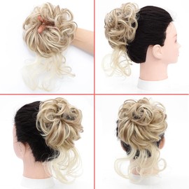 KETHBE Messy Bun Hair Piece Tousled Updo Hair Buns Extension Elastic Hair Band Hair Pieces Curly Hair Bun Scrunchie For Women (2PCS,Highlights Blonde)