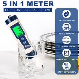 PH Meter, 5 in 1 Digital Water Quality Tester, TDS EC Salt Content, Temperature pH Tester, Water Quality Tester, High Precision, pH Meter for Drinking Water, Swimming Pools, Aquariums, Laboratories