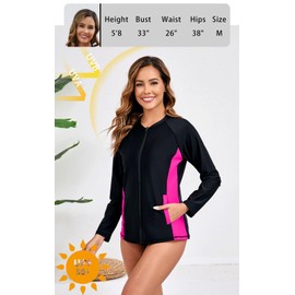 Halcurt Women's Full Zip Long Sleeve Rash Guard Swim Top with Pockets UPF50+ Quick Dry Swimsuit Black Hot Pink M