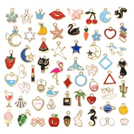 JIALEEY 60PCS Assorted Gold Plated Enamel Animal Moon Star Fruit Charm Pendant DIY for Necklace Bracelet Jewelry Making and Crafting