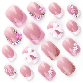 24PCS Pink Press on Nails Short Square False Nails 3D Bow Charms Design Almond Shaped Full Cover Acrylic Artificial Fake Fingernails Glossy Nude With Rhinestones Glitter Cute Fake Nail For Women Girls
