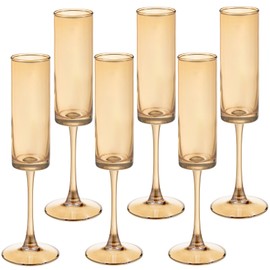 6 Pieces Amber Champagne Flutes 6 OZ Straight Sided Wine Glasses Champagne Long Stem Drinking Colored Glasses,Set of 6 Hand Blown Champagne Flutes Goblets for Wedding Cocktail Cups,Cava, Prosecco