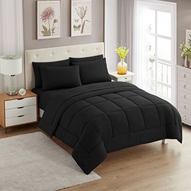 Sweet Home Collection 7 Piece Comforter Set Bag Solid Color All Season Soft Down Alternative Blanket & Luxurious Microfiber Bed Sheets, Black, Twin