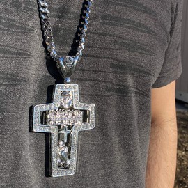Bling Cartel Mens Huge See Through Combo Cross Pendant Necklace Jesus Last Supper Praying Hands Silver Tone Cuban Hip Hop Chain 30" Inch
