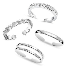 LeCalla 4 Pieces 925 Sterling Silver Toe Rings for Women | Open Adjustable Flower Simple Band CZ Toe Ring Jewellery Set | Summer Beach Bare Foot Jewellery, Sterling Silver, No Gemstone