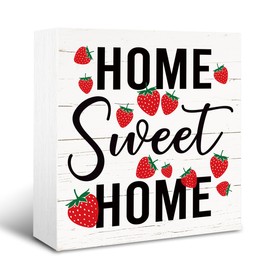 Home Sweet Home Sign, Strawberry Decor Signs, Welcome Decoration for Front Door Porch, New House Decoration Sign for Tabletop, Housewarming Gift, White Wooden Box Signs 5×5×1.2inches