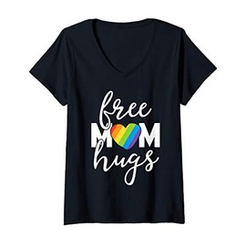 Womens Free Mom Hugs Rainbow Pride March Heart Family Mother V-Neck T-Shirt