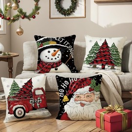 MEHOFOND Christmas Pillow Covers 18x18 Set of 4, Santa Claus Throw Pillow Covers Let it Snow Farmhouse Xmas Decorations for Pillow Case Snowman Red Truck Cushion Case Decorations for Sofa Couch