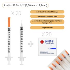 U-100 Syringes - 1ml/cc 30G 1/2" (12,7mm) Syringes + Free Alcohol Prep Pads, Individually Wrapped,20 PACK (20 units + 20 pads)