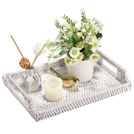 IGNPION Rattan-Serviertablett für Zuhause, Badezimmer, Gästehandtuch, Tablett, dekoratives Tablett, gewebter Tisch, Aufbewahrungstablett mit Griff, Tisch, Ornament (30 cm, weiß gewaschen)