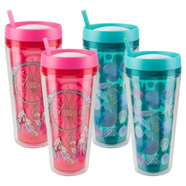 COOL GEAR 4 Pack 24 oz Callisto Printed Chiller with Straw | Dual Function Closure Printed Re-Usable Tumbler Water Bottle - 24 OZ CALLISTO CHLR PRNT 4 PK SHELL/PK FEATHER