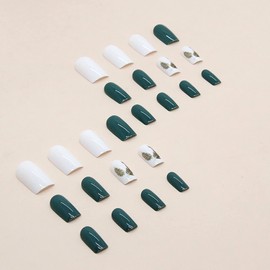 24Pcs Medium Square Press on Nails, Artificial Acrylic Fake Nails with Gold Feather Designs, Full Cover Reusable Green French Glossy False Nails, Women Glue on Nails Stick on Nails for Nail Art