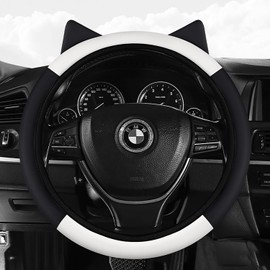 Forala Cartoon Soft Leather Steering Wheel Cover Set Cute Steering Wheel Protector with Cat Ears for Women Girls Elastic Lovely Decor Car Accessories (Black)