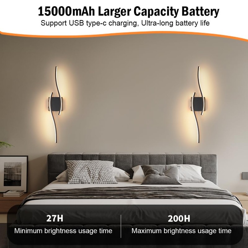 Daunton Modern Battery Operated Wall Sconce Set of 2, Black