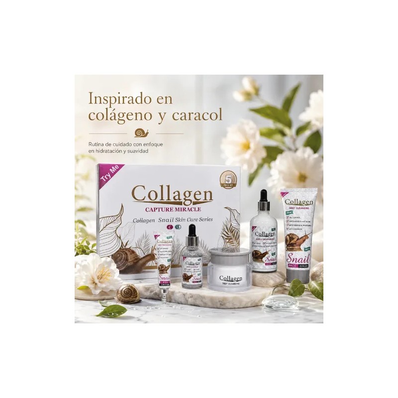 Crema Rejuvenecedora Colágeno, Baba Caracol, Hidrata Kit 5pz