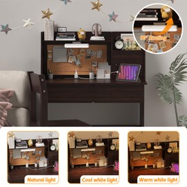 SFDOU Espresso Desk and Chair Set for 5-12 Year Old,Kids Study Desk with 3-Color Lights, Kids Study Table with Charging Station, Study Table with Drawers and Storage Shelf-XD10