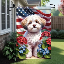 Starlit Patio 4th of July Garden Flag 12x18 Double Sided Maltese Dog Welcome American USA Patriotic Garden Flags for Memorial Day Independence Day Outdoor Decor Outside Decoration Yard Flag