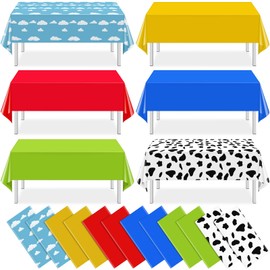 12 Pack Blue Sky and White Cloud Tablecloth Cartoon Story Mix Color Plastic Tablecloth Toy Inspired Disposable Rectangle Table Cover for Baby Shower Cow Birthday Cartoon Party Decorations,108 * 54inch