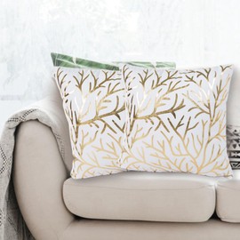 Betadistor Set of 2 Velvet Cushion Covers Soft Decorative Square Throw Pillow Cover Luxury Pillowcases for Livingroom Sofa Bedroom with Invisible Zipper 45cm x 45cm, Gold Branches, 523-0509