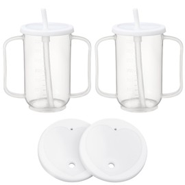 Sliner 2 Pcs Adult Sippy Cups for Elderly, 12 oz Plastic Spill Proof Cups with 2 Handles Straw and Lid for Adults Hospital Disabled Dysphagia Patients (White)