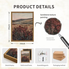 Framed 3D Textured Wall Art, Vintage Landscape Wall Decor Painting, Hand Drawn Sandstone Moody Dark Wildflower Pictures Artwork for Living Room Bedroom 16x24 inch Wood Frame