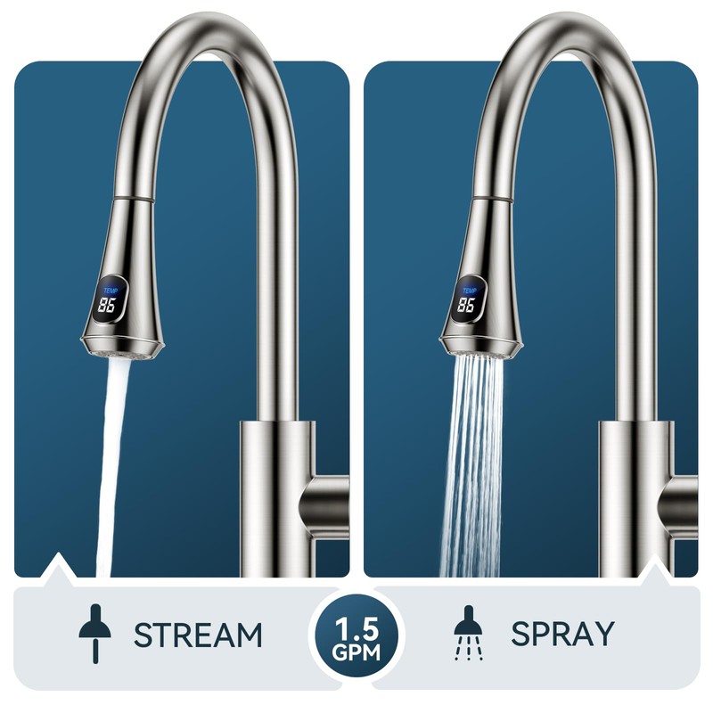 FORIOUS LED Kitchen Faucet with Pull Down Sprayer, Brushed Nickel,