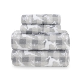 Berkshire Blanket Ultra-Soft Printed Microfleece Knit Sheet Set – 4-Piece Full Set – Lightweight, Breathable, All-Season Comfort, Folk Buffalo Check Reindeer Grey