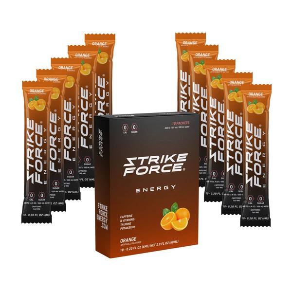 Strike Force Energy Drink Mix - Healthy Water Enhancer + Caffeine, Vitamin b12 & Potassium - Natural Tasting Flavor for Keto, Sugar Free & Vegan Diets. 10 Liquid Energy Packets - Orange Flavoring