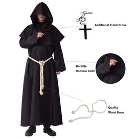 BLESSUME Monk Costume Medieval Hooded Priest Robe Renaissance Friar Cowl Outfit (M, Black)