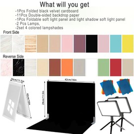 15PCS Black Velvet Flocked Product Photography Backdrops Board with 2PCS LED Lighting Kit Anti-Glare Photo Backdrop for Small Product Food Jewelry Cosmetic. (16x11.5in)