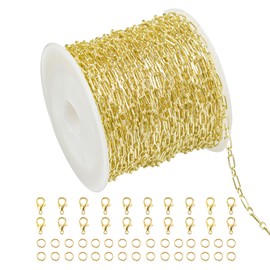 Crisjanggo 32.8 Feet Gold Paperclip Chains for Jewelry Making 14K Gold Plated Brass Jewelry Making Chains Roll Bulk for Bracelet Women DIY Craft Chain