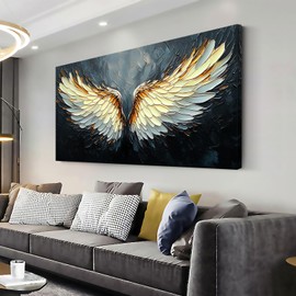 ZESTRILIA Angel Wings Wall Art for Girls Room Gold Gray Canvas Oil Painting Prints Modern Abstract Fantasy Anime Artwork Living Bedroom Office Decor (40x20 Inches)