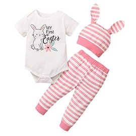 My 1st Easter Outfit Infant Baby Boy Girl Short Sleeve Bunny Romper and Pants Hat 3PCS Clothes Set (Pink Stripes, 0-3 Months)