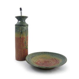 Modern Artisans American Made Stoneware Pottery Oil Cruet Bottle and Dipping Dish Set, Red Desert